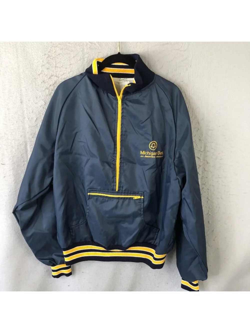 Vintage Michigan Bell Campboree Jacket Mens Large Blue Nylon 1/4 Zip Windbreaker